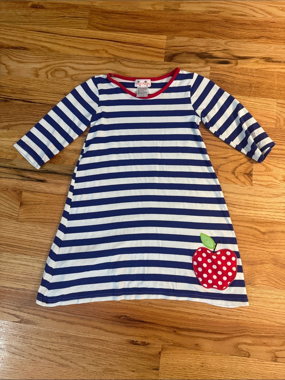 Girls Blue & White Stripe Dress with Red Apple Accent
